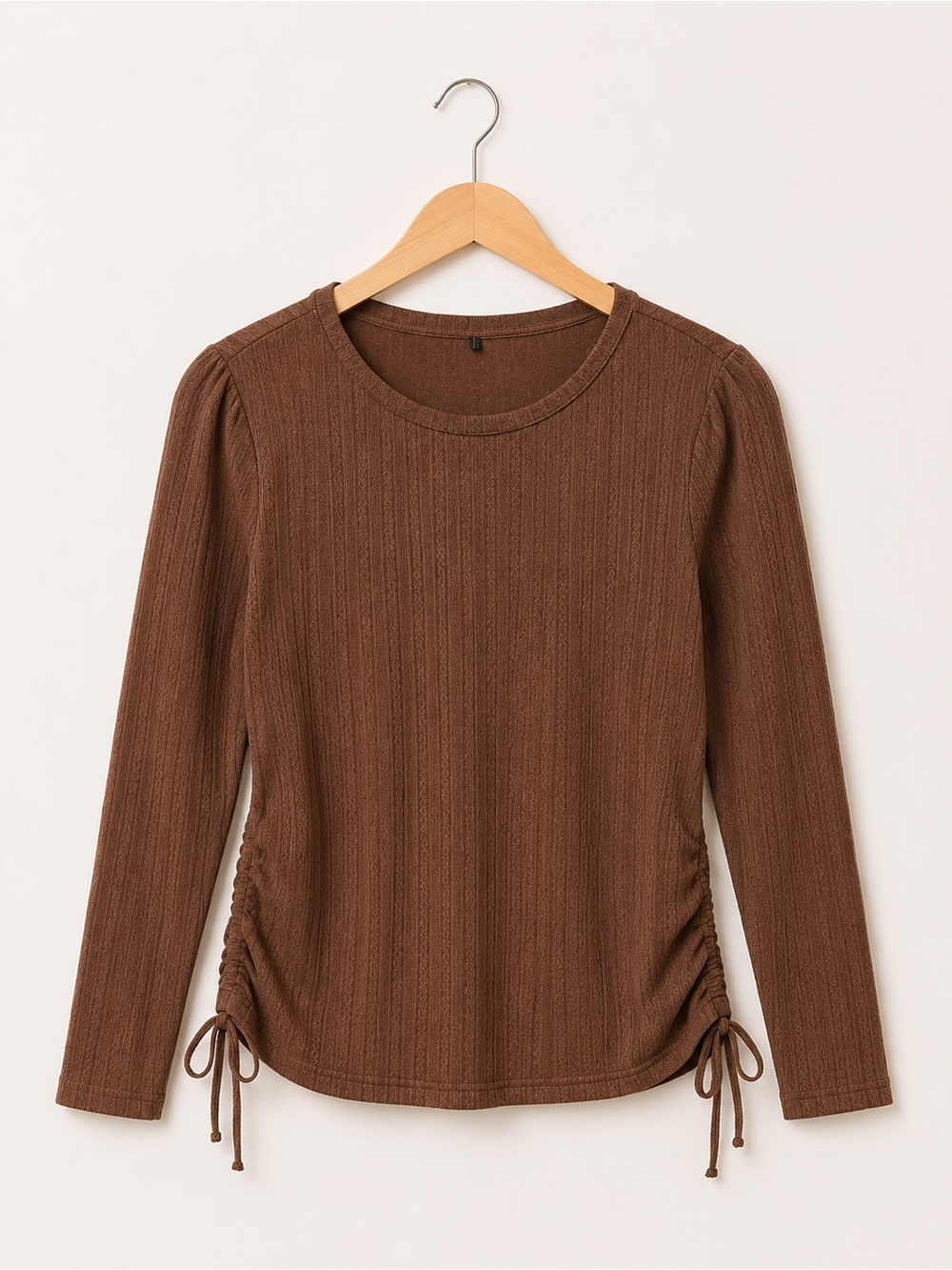 SHEIN Curve Brown Ribbed Long-Sleeve Side Ruched Top Plus 3XL